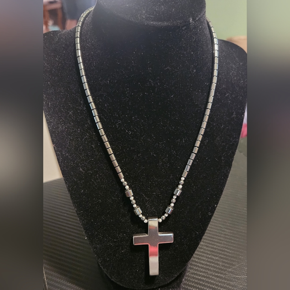Heavy Hematite Cross Pendant Necklace